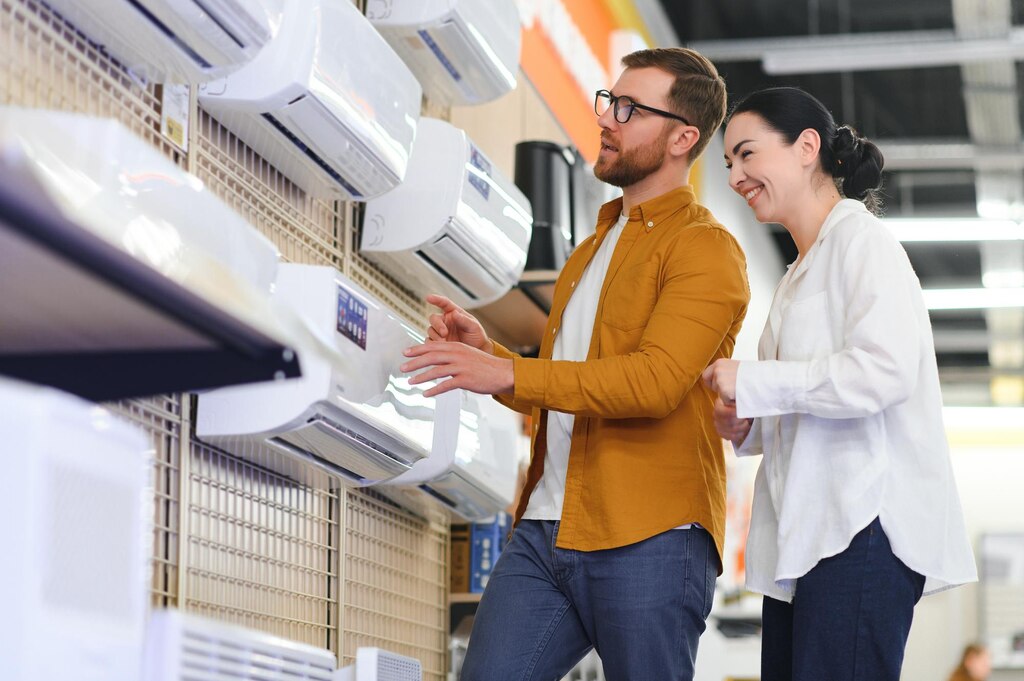 Young couple satisfied customers choosing air conditioner in appliances store