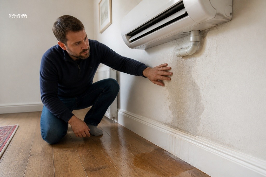 Homeowner inspecting damp patch on wall beneath a leaking indoor air conditioning unit