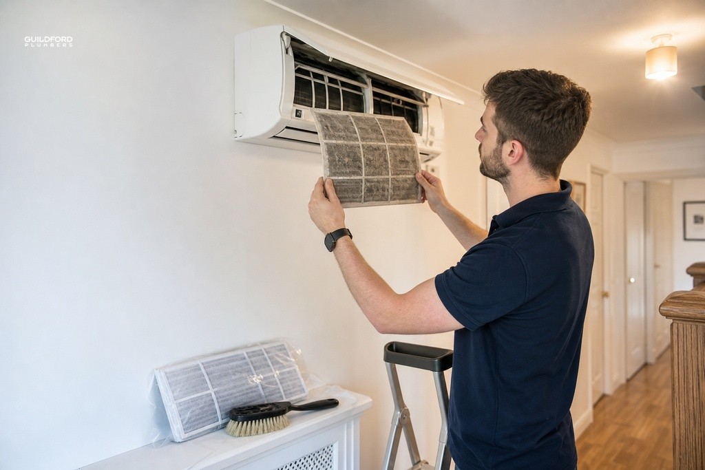 Homeowner removing a dirty air conditioning filter during a DIY maintenance check at home