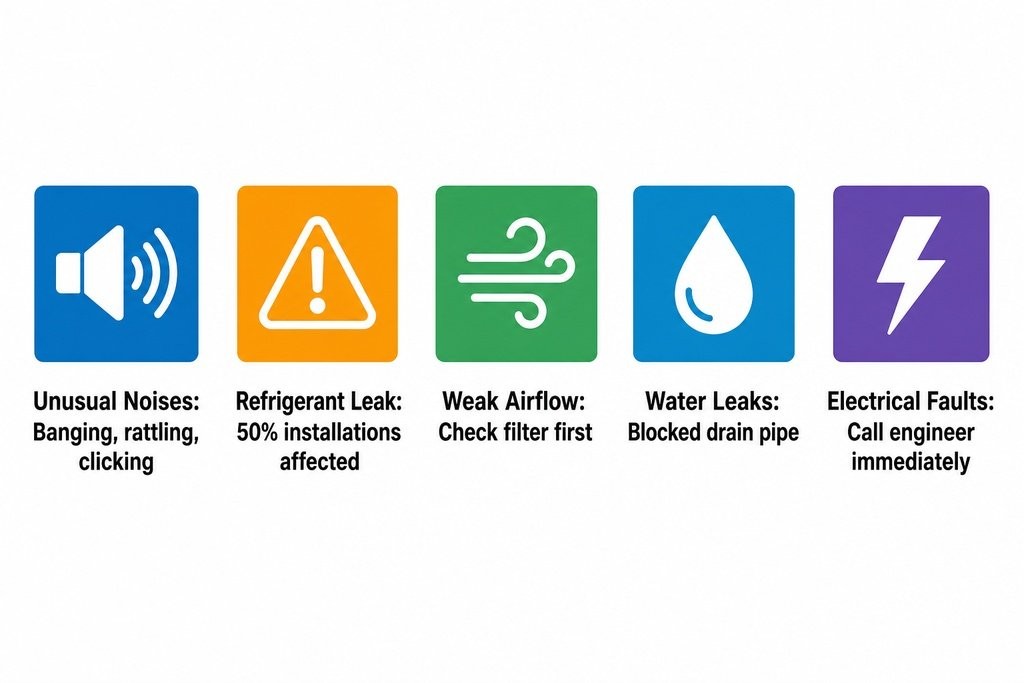 Five air conditioner warning signs: unusual noises, refrigerant leaks, weak airflow, water leaks, and electrical faults.