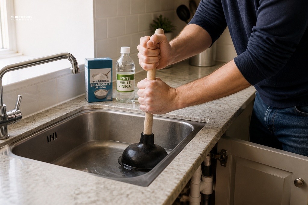 Hands using a cup plunger on a kitchen sink drain, with bicarbonate of soda and vinegar nearby.
