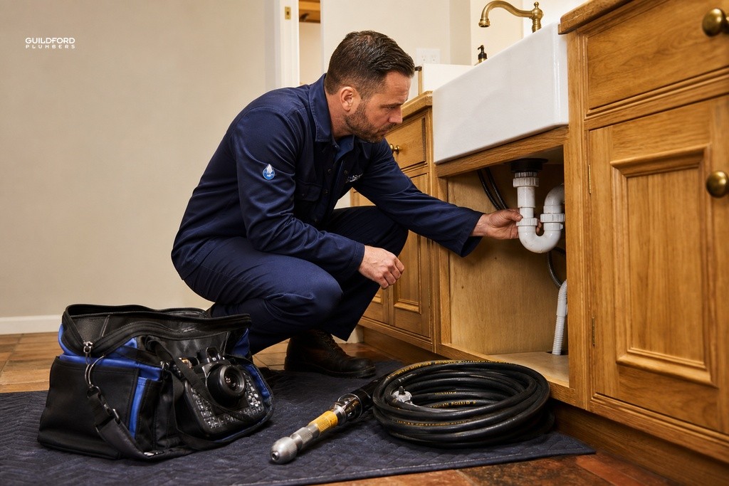 Plumber inspecting under-sink plastic waste pipes with high-pressure jetting equipment ready on the floor.