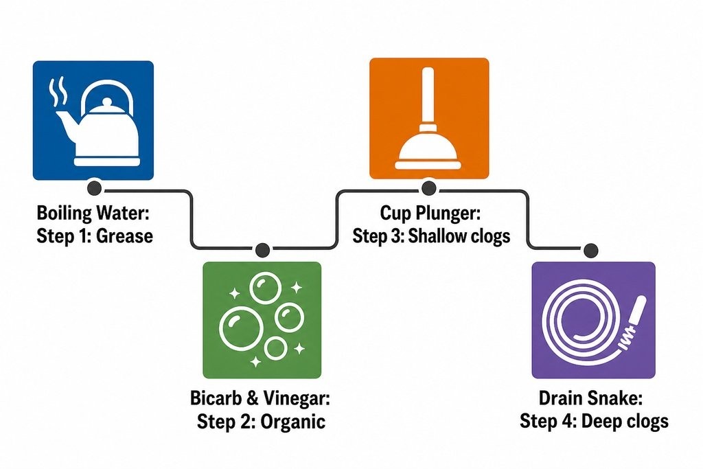 Four steps to unclog a kitchen sink: boiling water, bicarbonate and vinegar, plunging, then drain snake.